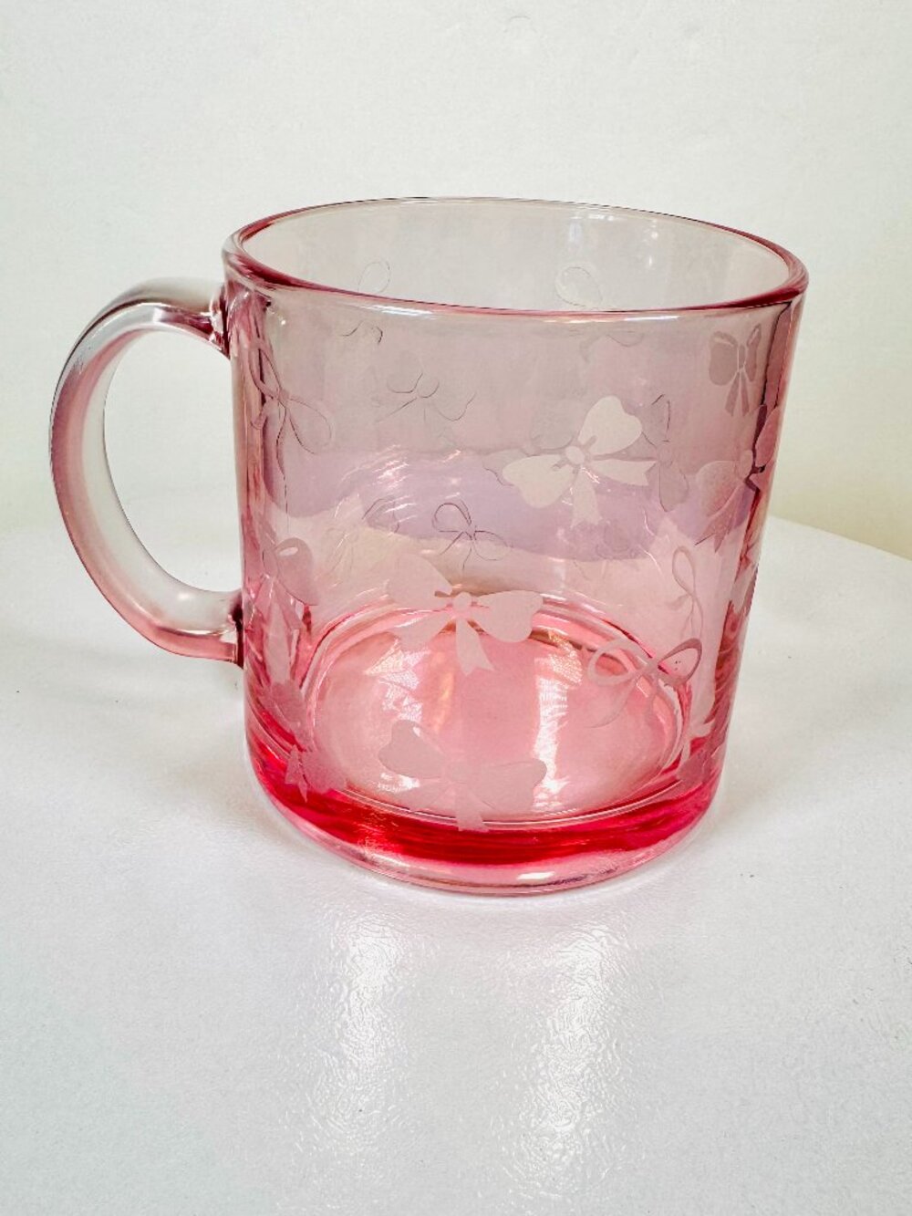 Pink Bow Iridescent 4" Glass Coffee Tea Mug Cup Coquette Sheffield Home